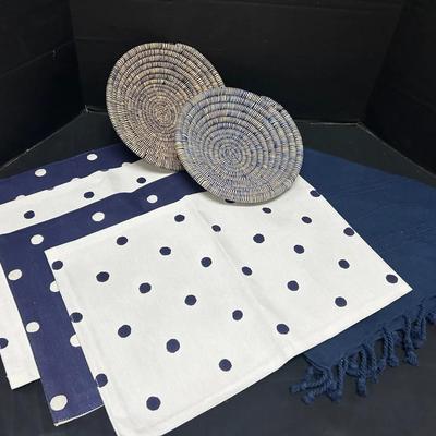 Reversible Polkadot Placemats, Tassel Table Cover And Hanging Woven Basket Decor
