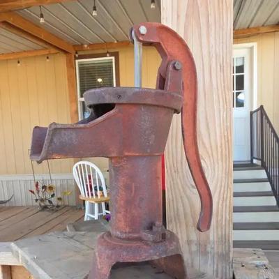 Vintage Large Cast Iron Hand Water Pump - Rustic Red Color
