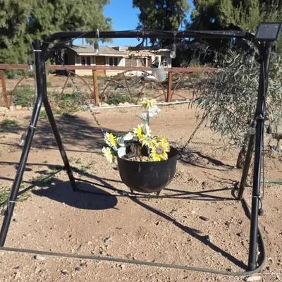 Handcrafted Hanging Planter Swing Black Metal Yard Art -  Solar String Lights Attached