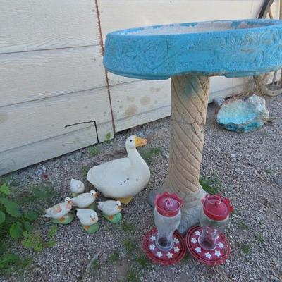 Outdoor Yard Art - Blue Bird Bath, Porch Geese with Babies, (2) Hummingbird Bird Feeders