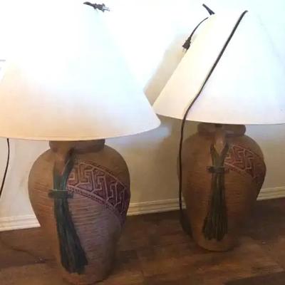 Set of Beautiful Brown Southwestern Table Lamps (2) with White Shades
