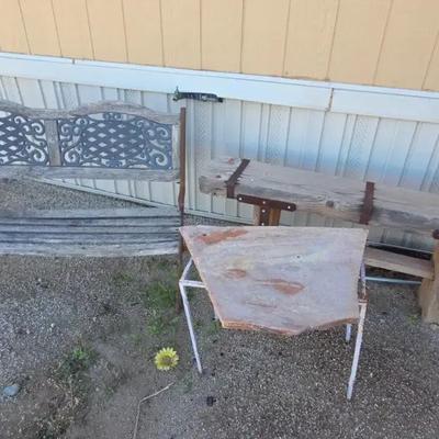 Yard Seating - 2 Rustic Handcrafted Metal & Wood Benches, Table Stone Slab Top