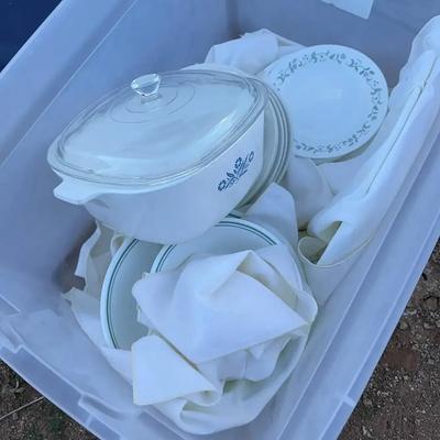 Kitchen Dishes - Blue & White Floral Corning Ware Casserole Dish, Corelle And Gibson Plates & Bowls