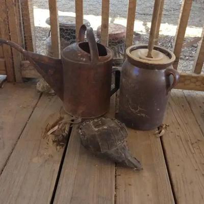 Outdoor Country Farmhouse Decor - Vintage Dash Butter Churn, Water Canteen, Rustic Watering Can
