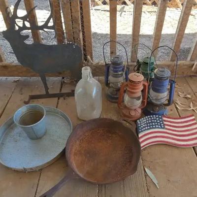 Rustic Decor - Cast Iron Skillet, Vintage Oil Lamps, Metal Elk, Glass Milk Bottle, American Flag 