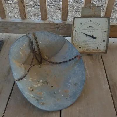 Vintage Galvanized Metal Harker Hanging Balance Scale and Pan
