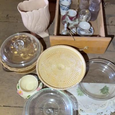 Glassware - Pyrex Serving Dishes, Pie Plates + Pink Cake Stand, Tulip Vase, Tea Cups, Bell & More