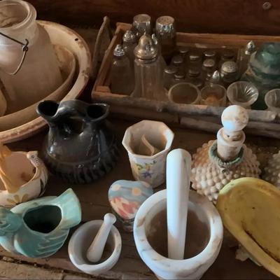 Assorted Glassware - Hobnail Perfume Bottles, Hemingray Insulator, Salt & Pepper Shakers & Decor