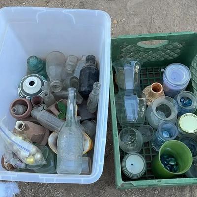 Vintage Small Glass Bottles And Cute Pottery