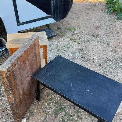 Tables - Long Black Coffee Table. Tall Side Table. Thick Wood Block Missing Legs.