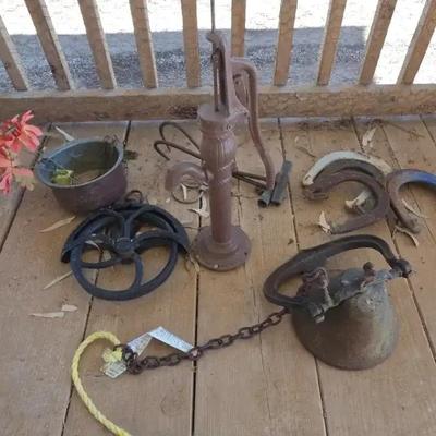 Vintage Cast Iron Farmhouse Metal Decor - Dinner Bell With Chain, Water Pump, Horseshoes And More