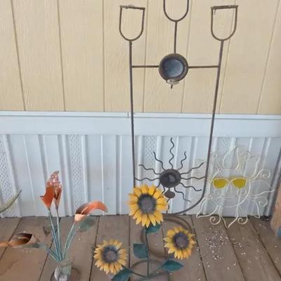 Metal Yard Art - Colorful Sunflowers, Tall Flowers, Happy Sun, Tall Iron Candle Holder