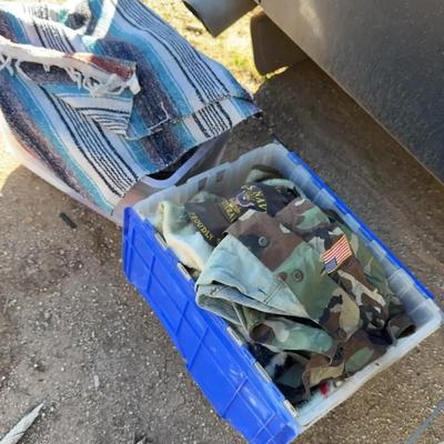 2 Mystery Bins - Linens, Blankets and Some Clothing - Military Items, Hats, Blanket, Jacket