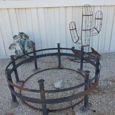 Iron Outdoor Decor- Rustic Cactus & Roadrunner, Floral Fountain Decor, Round Metal Table or Holder