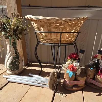 A Little Bit Of Outdoor / Indoor Decor - Basket And Plant Stand, Wind Chime, Vase And Faux Flowers