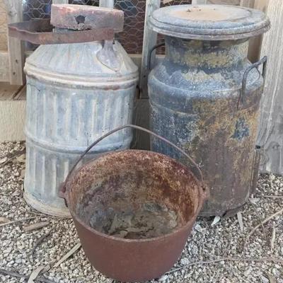 (2) Vintage Galvanized Milk Cans and a Cast Iron Pot