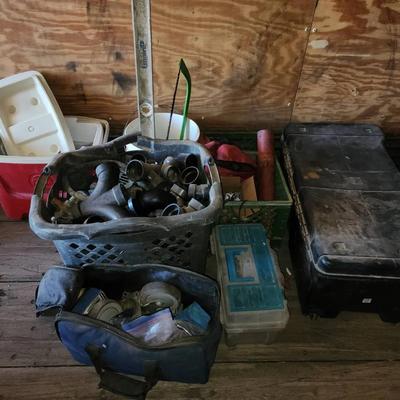 Large Lot Of Tools & Garage Items, Cooler, Tool Boxes, Plumbing Pipes, Level & More