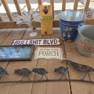 Decorative Man Cave Decor - Coors & Bud Light Beer Buckets, Wood Signs, Metal Quail