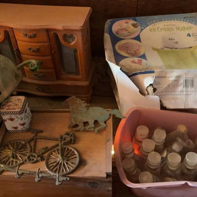 Wooden Jewelry Box, Green Glass Punch Bowl, Rival Ice Cream Maker, Glass Bottles & Decor