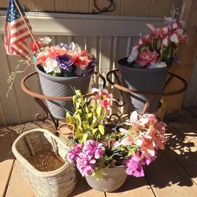 Floral Outdoor Decor - (2) Plant Stands, (3) Potted Faux Plants, (1) Basket