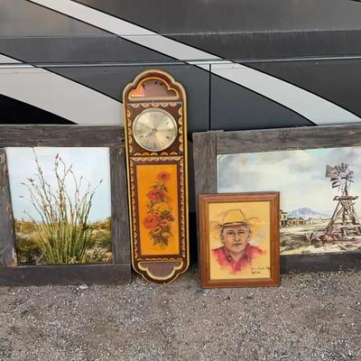 Rustic Decor - Pictures In Rustic Frames, Vintage Ornate Decorative Clock, Cowboy Chic