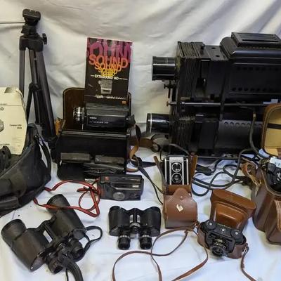 Vintage Cameras, Binoculars, Camcorder, Film Camera, Tripod, Antique "Bausch & Lomb" Slide Projector