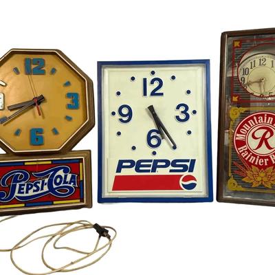 2 Vintage Pepsi Clocks & 1 Rainier Beer Clock