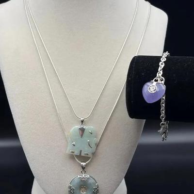 925 Sterling Silver Necklace & Bracelet Lot w/ Jade-Style Pendants