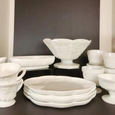Milk Glass Dish Set Vintage Grape Themed Set 19 Piece