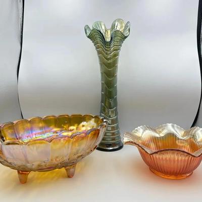 Carnival Glass Trio – Footed Bowl, Flared Vase & Ruffled Dish – Iridescent Vintage Collection