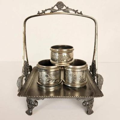  Victorian Silver Plated Serving Basket And Napkin Rings 