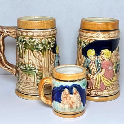 Japanese Beer Steins – Raised Artwork, Made in Japan, 3-Piece Lot