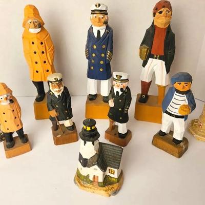 7 Hand-Carved Wooden Sailor & Sea Captain Figurines + 3 Lighthouse Figurines – Nautical Folk Art