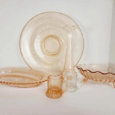 Five-Piece Collection of Vintage Pink Depression Glassware + 30s Clear Shot Glass/ Mini Mug