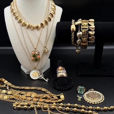 Large Gold-Tone Costume Jewelry Lot – 9 Necklaces, 4 Bracelets & 4 Rings 