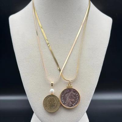 14K Italy Coin Pendant Necklaces – Repubbica Italiana & French Republic, 21.7g