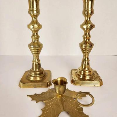 Pair of Vintage Brass Candlestick Holders with Additional Leaf-Shaped Chamberstick Base