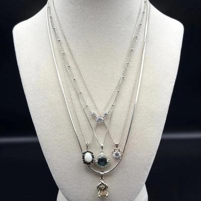925 Sterling Silver Necklace Lot of 5– Gemstone & CZ Pendants