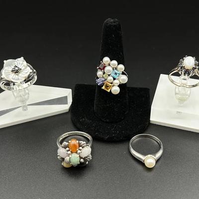 5 Sterling Silver Rings – Gemstones, Pearls & Carved Flower