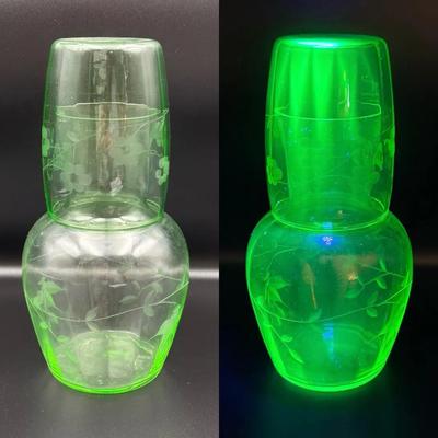  Uranium Green Glass Bedside Tumble Up Pitcher & Tumbler Set Vintage