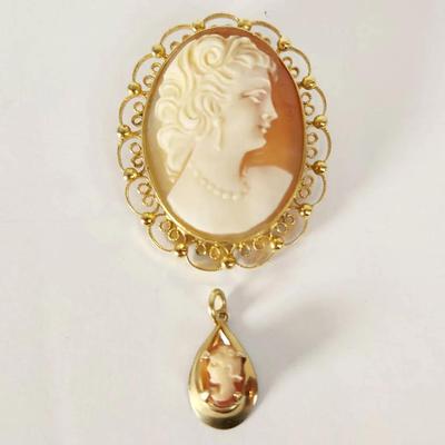 Gold Fill SorrentoVintage HandCarved Shell Cameo Brooch/Pendant Combo with Bonus Small Cameo Pendant