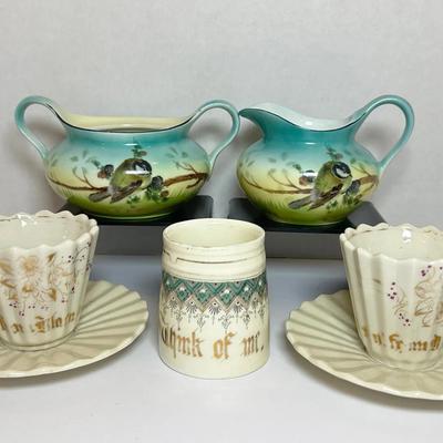 7-Piece Germany Porcelain Lot – Bluebird Creamer & Sugar, Demitasse Teacups/Saucers + Mini Stein