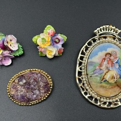4 Brooches – Limoges France, English China Florals & Purple Gemstone Pin