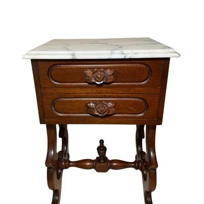Victorian Marble-Top Side Table w/ Carved Rose Drawers – 26.5” Tall
