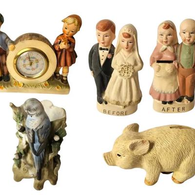 Collectible Figurine Lot – Hummel-style Clock, Pig & Wedding Piggy Banks, and Lefton Parakeet