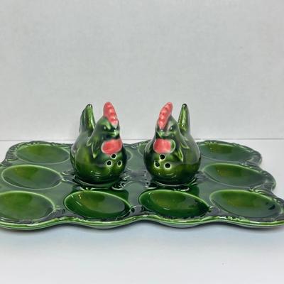 Majolica-Style Green Oyster/Egg Plate with Rooster Salt & Pepper Shakers