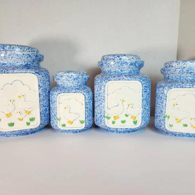  Pottery Craft Blue Spongeware Vintage Duck Canister Set, Set of 4