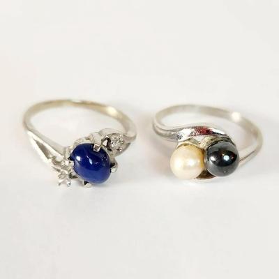 Lot of Two (2) 10K White Gold Gemstone Rings Blue Star Sapphire & Pearl