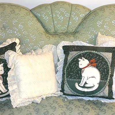  4 Decorative Vintage Pillows – Handmade Cat Cross-Stitch & Lace Accents