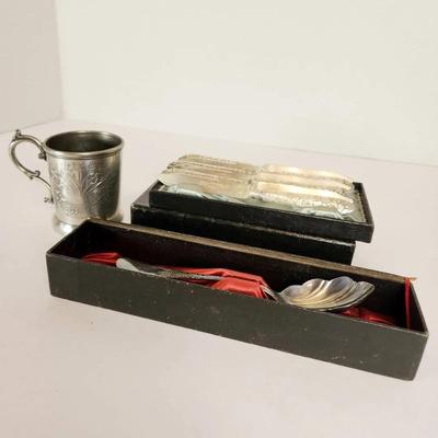 Antique Silver Plated Lot Knives Spoon & Mug